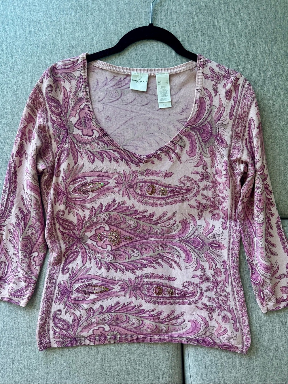 Emma James Pink Paisley Long Sleeve V-Neck Top
